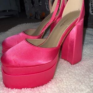 Pink Satin Platform Heels